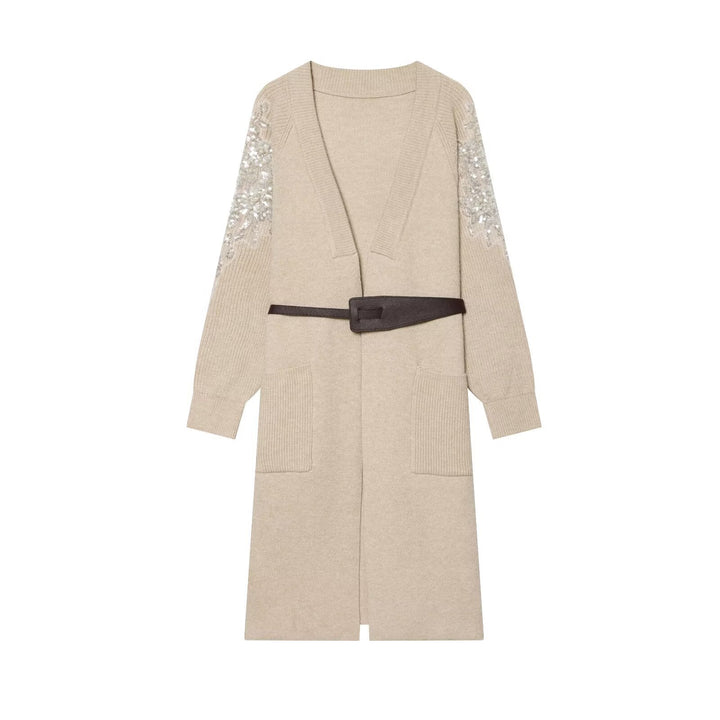 Damen Lange Strickmantel-Cardigan mit Taillengürtel und Paillettenbesatz Drune