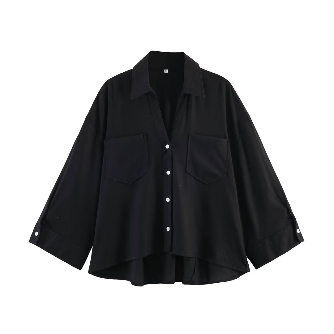 Damen Oversize-Hemdbluse mit großen Brusttaschen, überschnittener Schulter und High‑Low‑Saum Drune