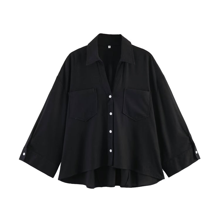 Damen Oversize-Hemdbluse mit großen Brusttaschen, überschnittener Schulter und High‑Low‑Saum Drune