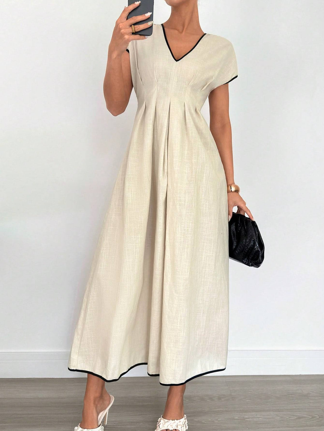 Damen Fließendes Maxikleid mit V-Ausschnitt und schwingendem Rock Drune