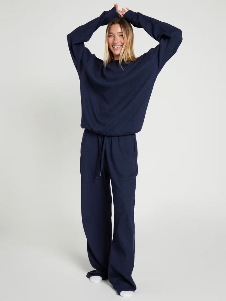 Damen geräumiges Waffelstrick-Loungewear-Set mit Rundhalsausschnitt und Tunnelzughose Drune
