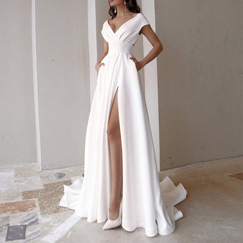 Damen elegantes Maxikleid mit tiefem V-Ausschnitt und seitlichem Schlitz Drune