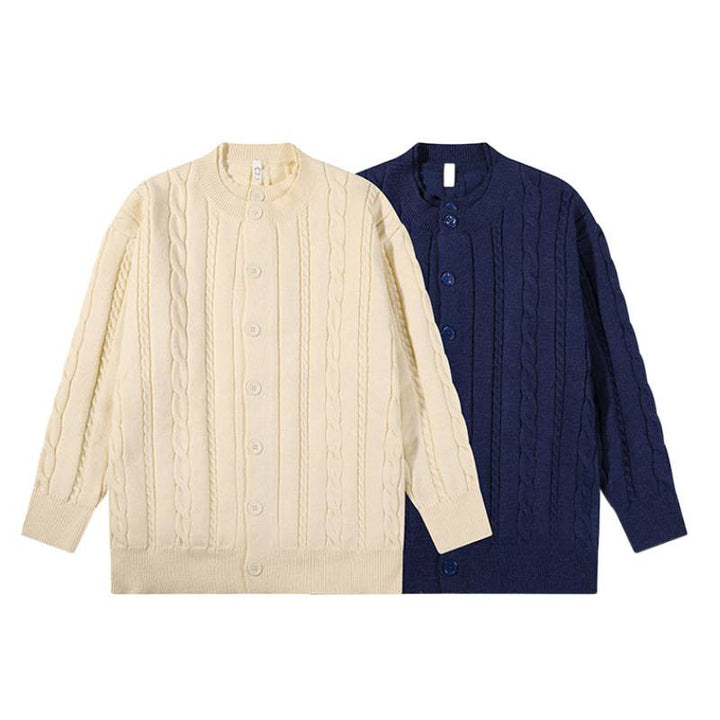 Unisex Übergroße Zopfmuster-Strickjacke mit Knopfleiste und Rundhalsausschnitt Drune