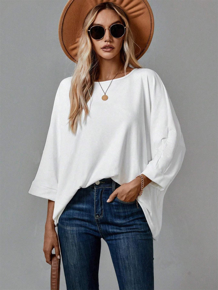 Damen Oversize Tunika‑Bluse mit U‑Boot‑Ausschnitt und dreiviertelärmeln Drune