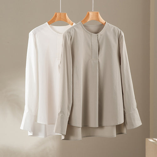 Damen Lässige Langarm-Bluse mit verdeckter Knopfleiste und Lagen-Saum Drune