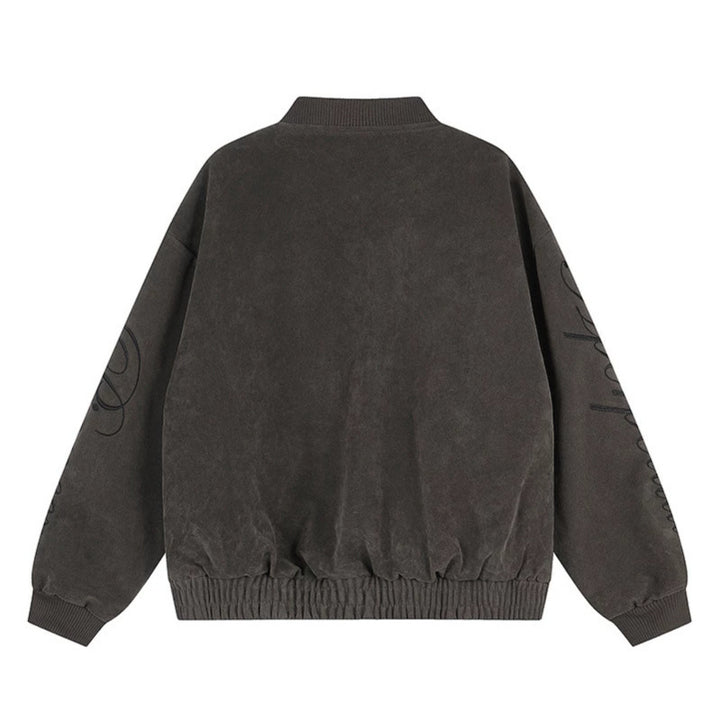 Damen Oversize-Bomberjacke im Velours-Look mit Script-Ärmeln und Metallnieten Drune