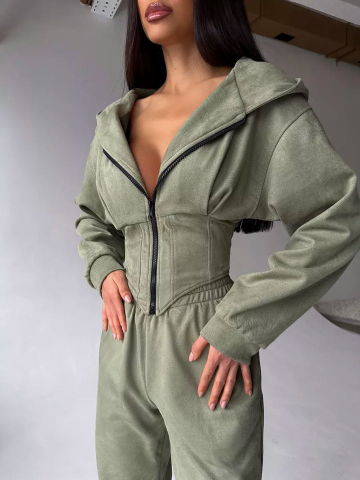 Damen Figurschmeichelnder Jumpsuit mit tailliertem Design und sportlicher Kapuze Drune