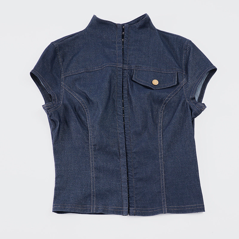 Damen modisches Kurzarm-Jeanshemd mit elegantem Kragen und Knopfdetails Drune