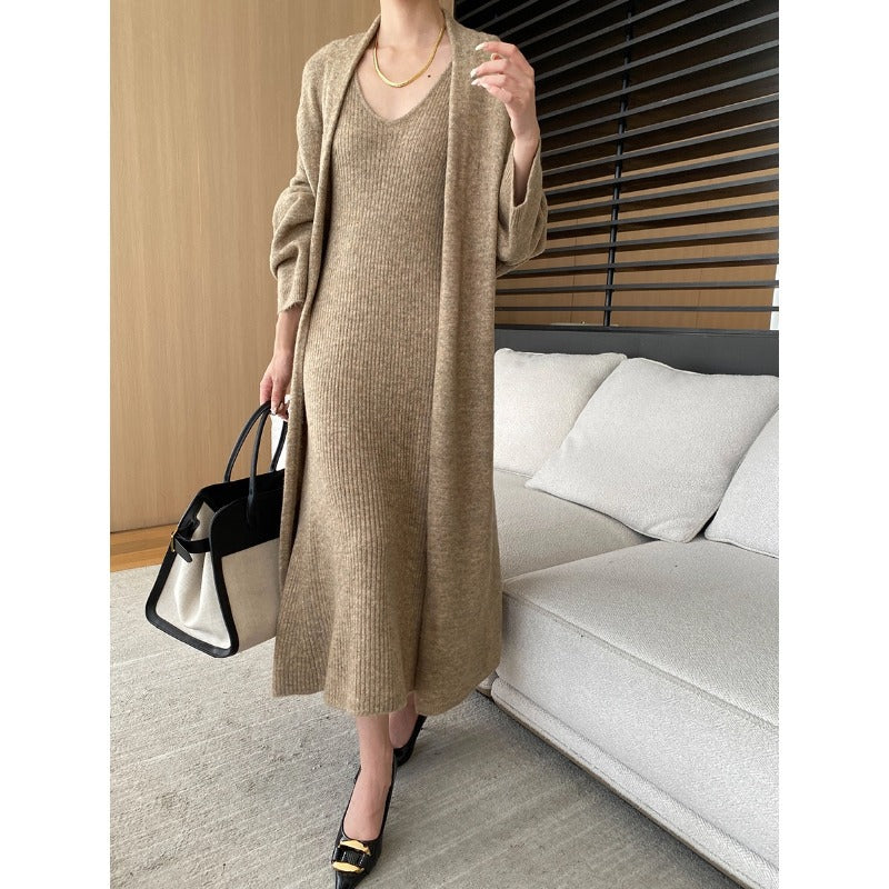 Damen gestricktes Maxikleid mit V-Ausschnitt und lässiger Jacke Drune