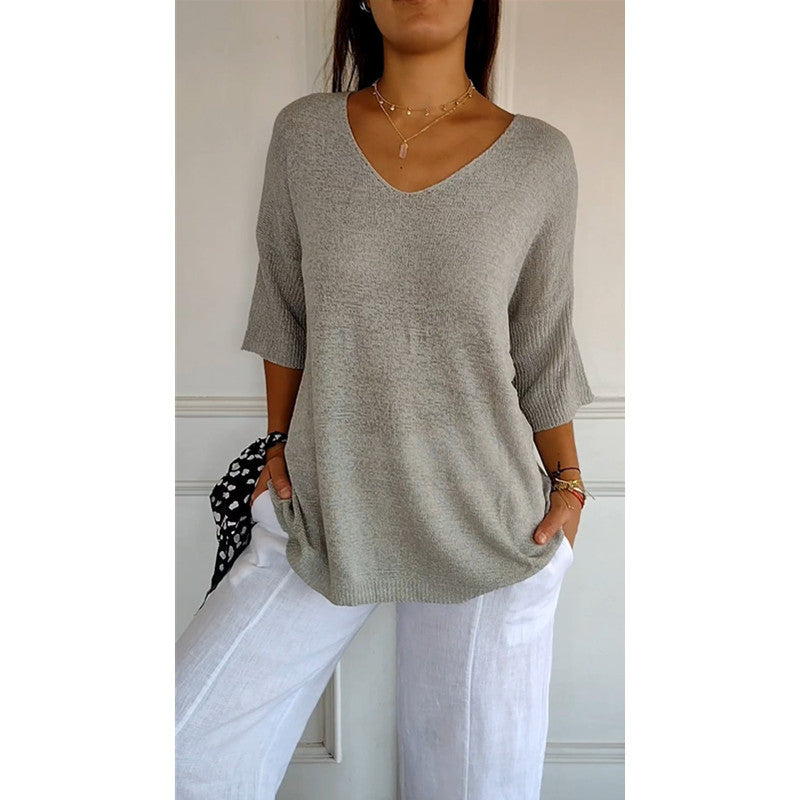 Damen nan locker sitzender V-Ausschnitt Feinstrickpullover mit dreiviertelÄrmeln Drune