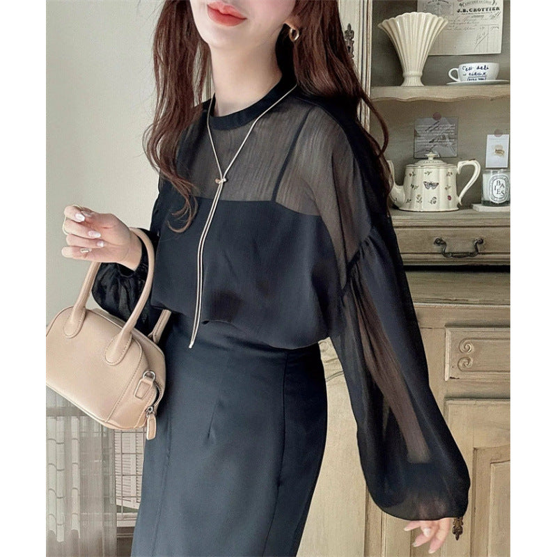 Damen elegante Bluse mit voluminösen Ärmeln und zeitlosem Rundhalsausschnitt Drune