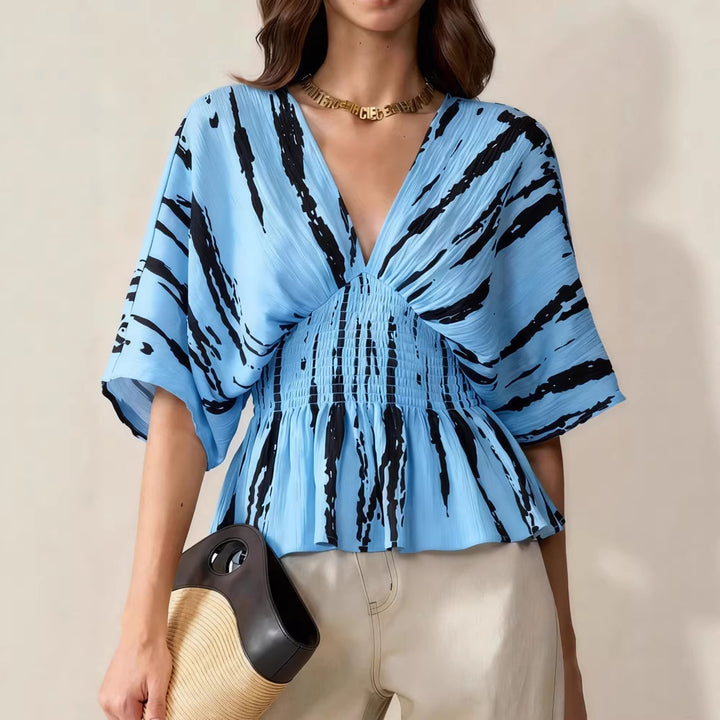 Damen lässige Bluse mit tiefem V-Ausschnitt und Raffung Drune