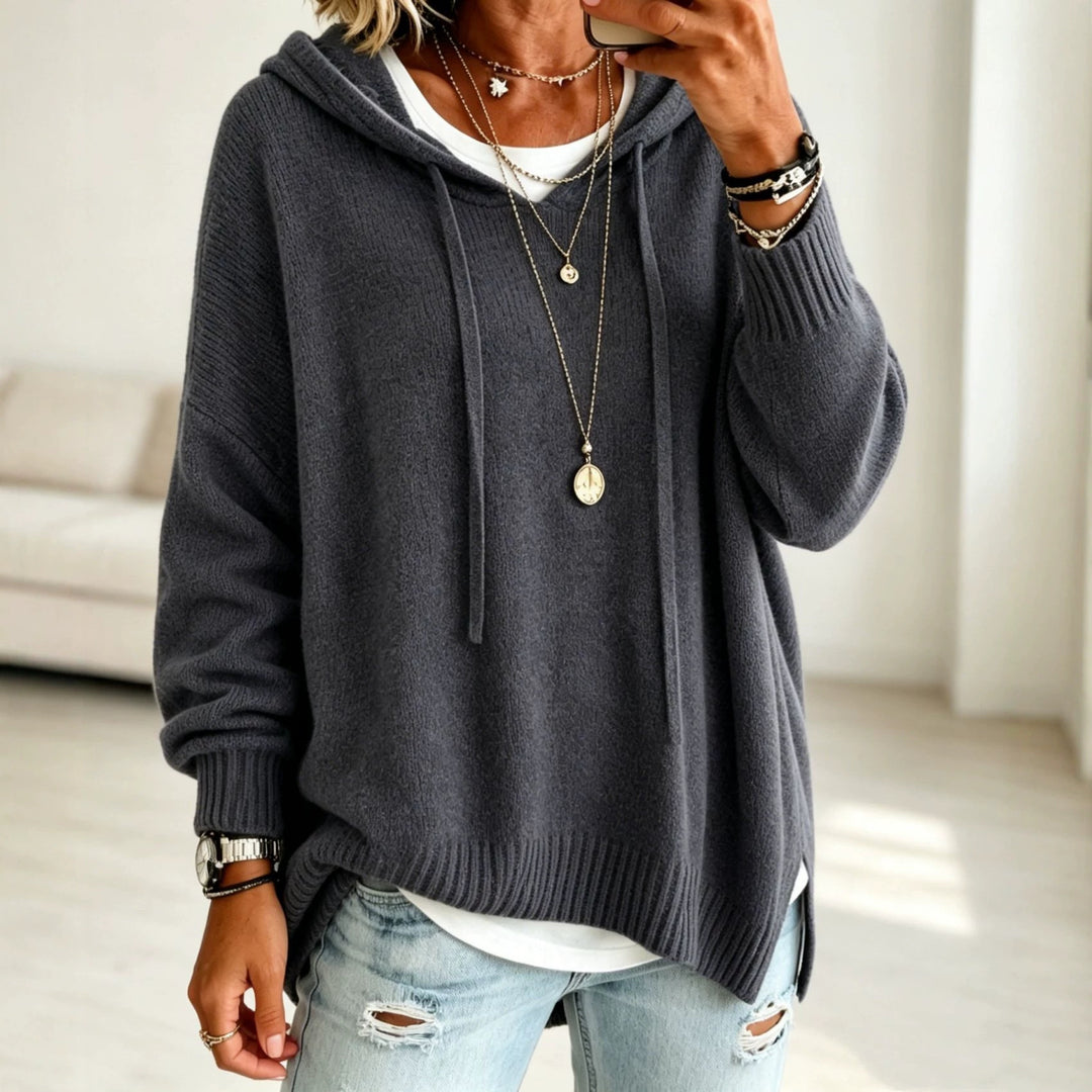 Damen Oversize Kapuzenpullover aus weichem Feinstrick mit Zier‑V‑Ausschnitt Drune