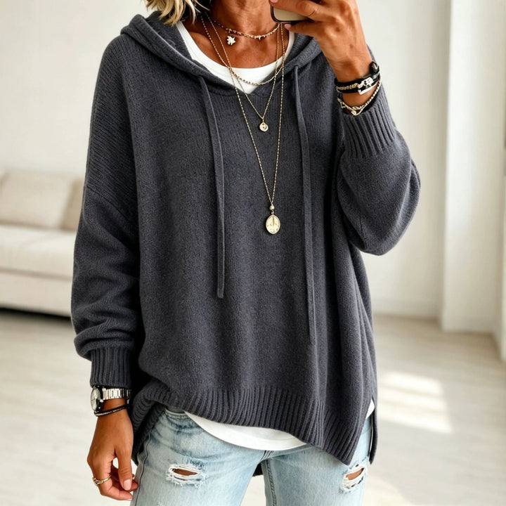 Damen Oversize Kapuzenpullover aus weichem Feinstrick mit Zier‑V‑Ausschnitt Drune