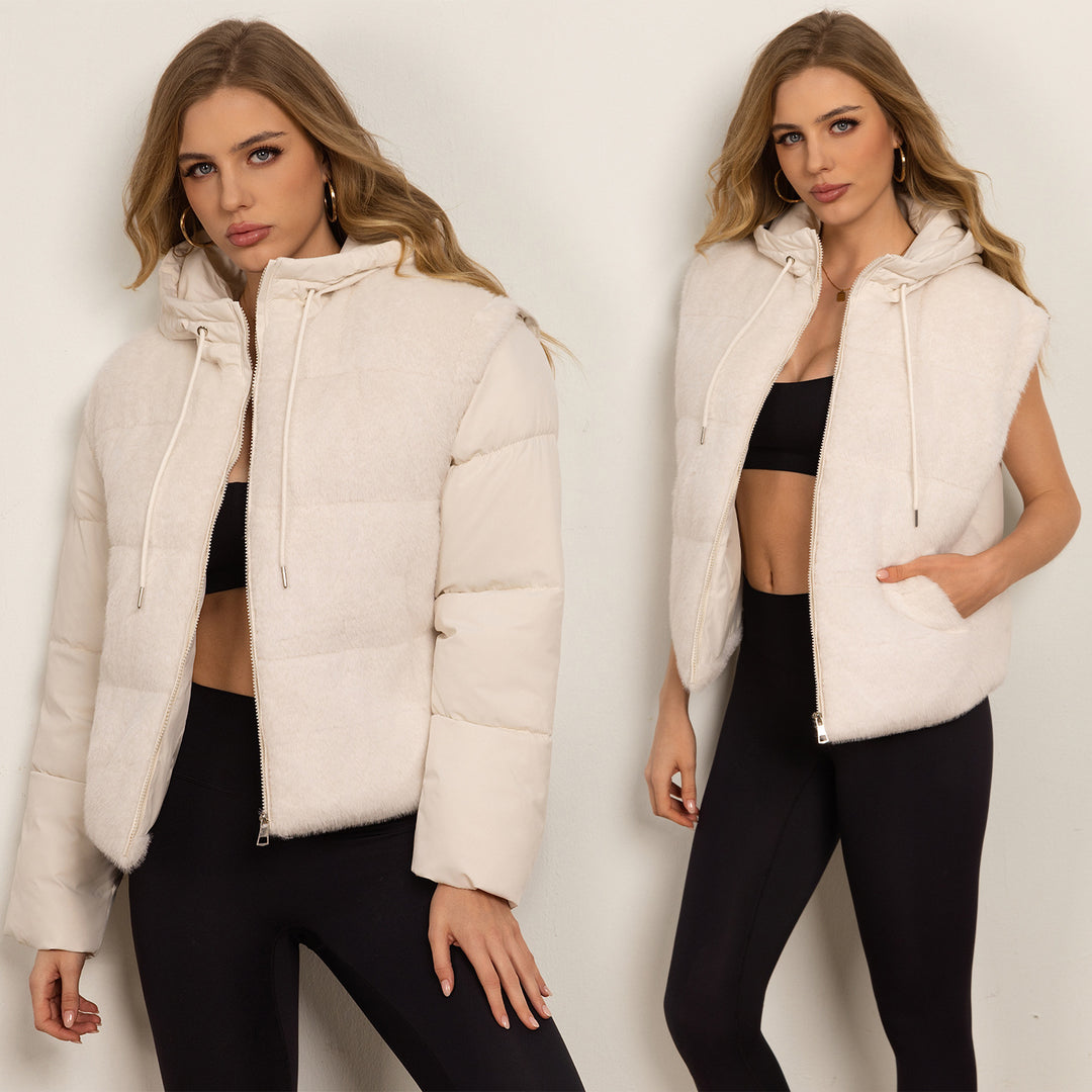 Damen Leichte wattierte Hybrid-Weste mit Teddyfront, abnehmbaren Ärmeln und Kordelkapuze Drune