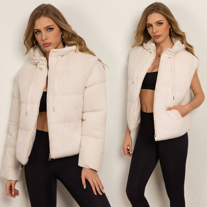 Damen Leichte wattierte Hybrid-Weste mit Teddyfront, abnehmbaren Ärmeln und Kordelkapuze Drune