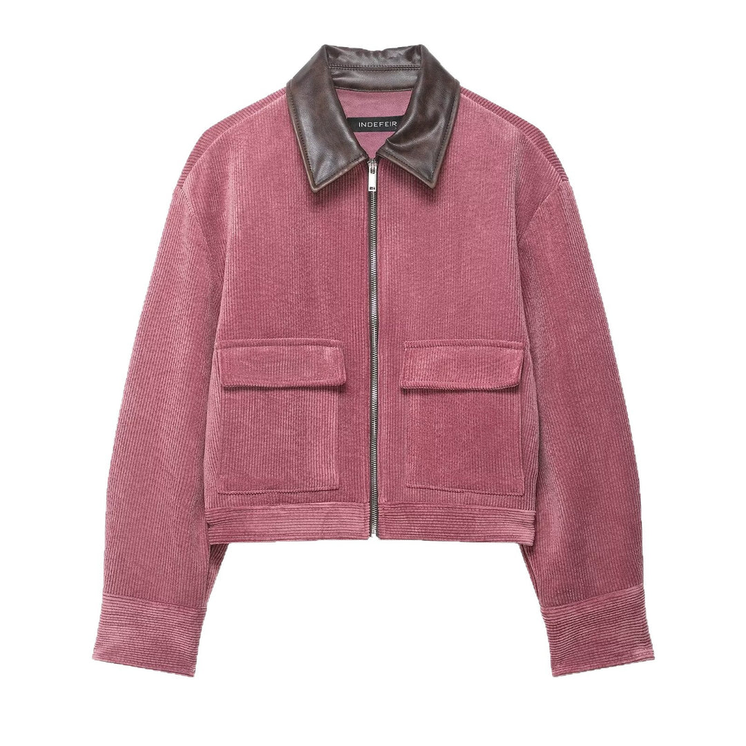 Damen Kurze Cord-Collegejacke mit Kunstlederkragen und aufgesetzten Pattentaschen Drune