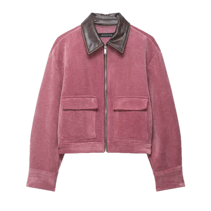 Damen Kurze Cord-Collegejacke mit Kunstlederkragen und aufgesetzten Pattentaschen Drune
