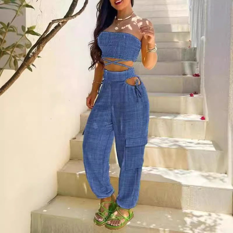 Damen Modischer Zweiteiler bestehend aus Crop Top und Cargo-Hose Drune