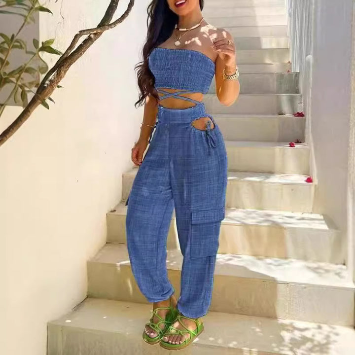 Damen Modischer Zweiteiler bestehend aus Crop Top und Cargo-Hose Drune