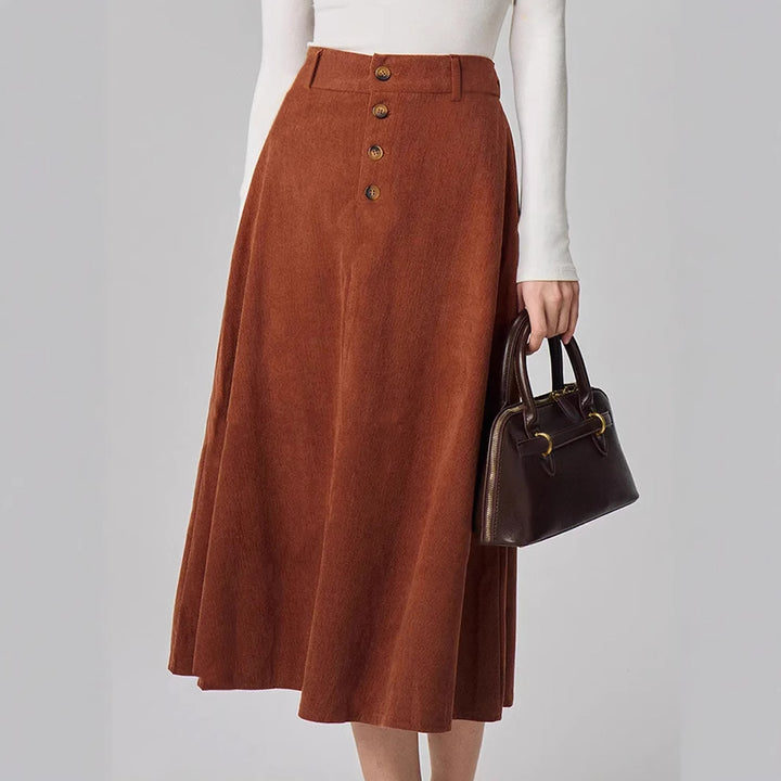 Damen Midi-Rock im eleganten A-Linien-Schnitt mit dekorativen Knopfdetails Drune