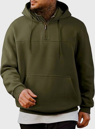 Herren Kapuzenpullover mit halbem Reißverschluss, Kängurutasche und gerippten Bündchen Drune