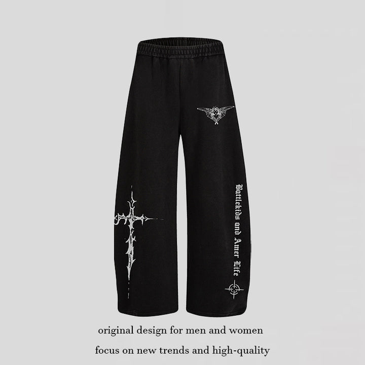 Damen Weite Lounge-Hose im Palazzo-Stil mit Elastikbund und Gothic-Print Drune