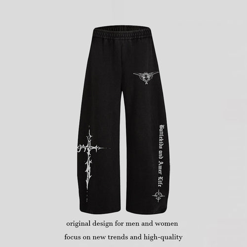 Damen Weite Lounge-Hose im Palazzo-Stil mit Elastikbund und Gothic-Print Drune