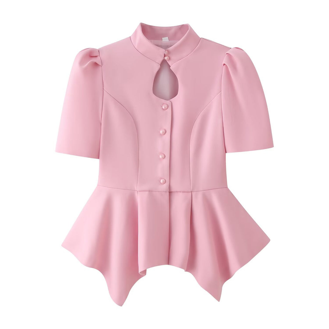 Damen Taillierte Bluse mit Stehkragen, Cut-Out-Ausschnitt und asymmetrischem Schößchen Drune