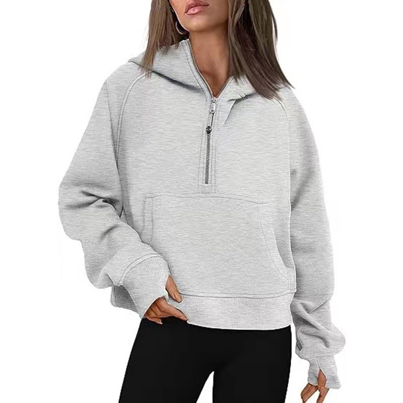 Damen Oversize Halb-Zip Kapuzenpullover mit Kängurutasche & Daumenloch Drune