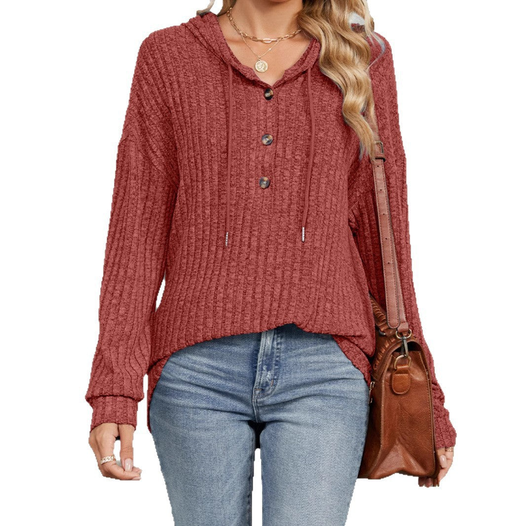 Damen Gerippter Kapuzenpullover mit halber Knopfleiste und Kordelzug Drune