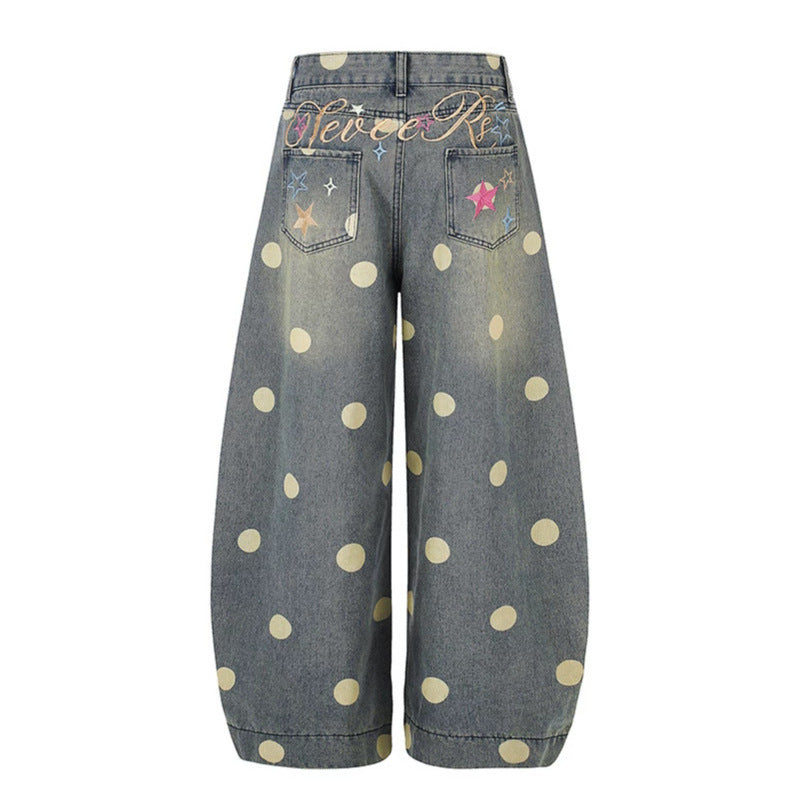 Damen Weite Jeans-Culotte im Palazzo-Stil mit hohem Bund und Punktmuster Drune