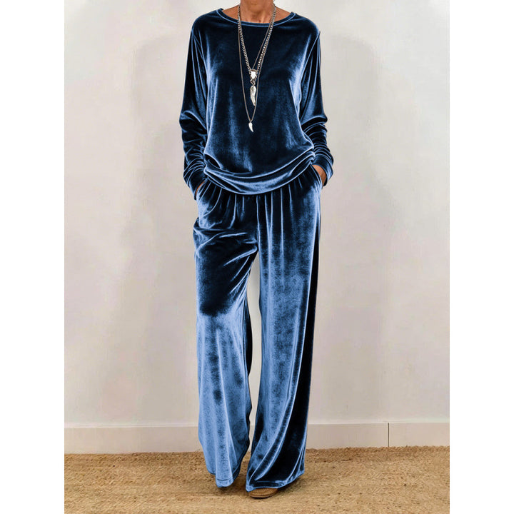 Damen Samt-Loungewear-Set mit weitem Bein, elastischem Bund und Rundhalsausschnitt Drune