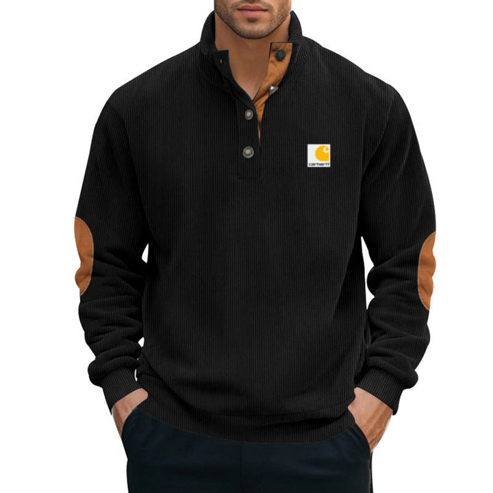 Herren nan Strickpullover im Troyer-Stil mit Stehkragen Lederbesatz Druckknopfleiste und Ellbogen-Patches Drune