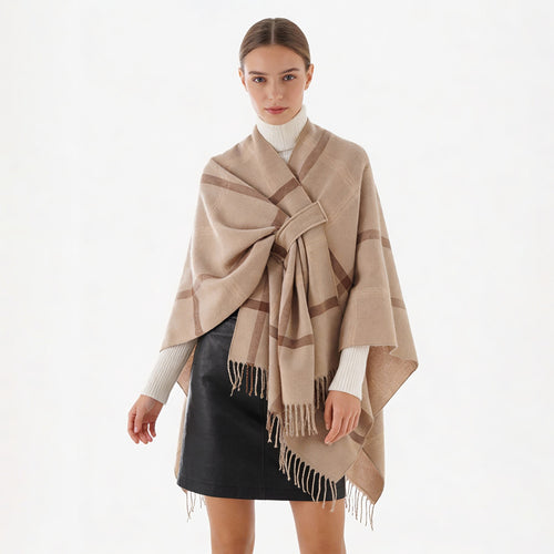 Damen Cape‑Poncho mit integriertem Bindegürtel, kastiger Oversize‑Silhouette und Fransensaum Drune