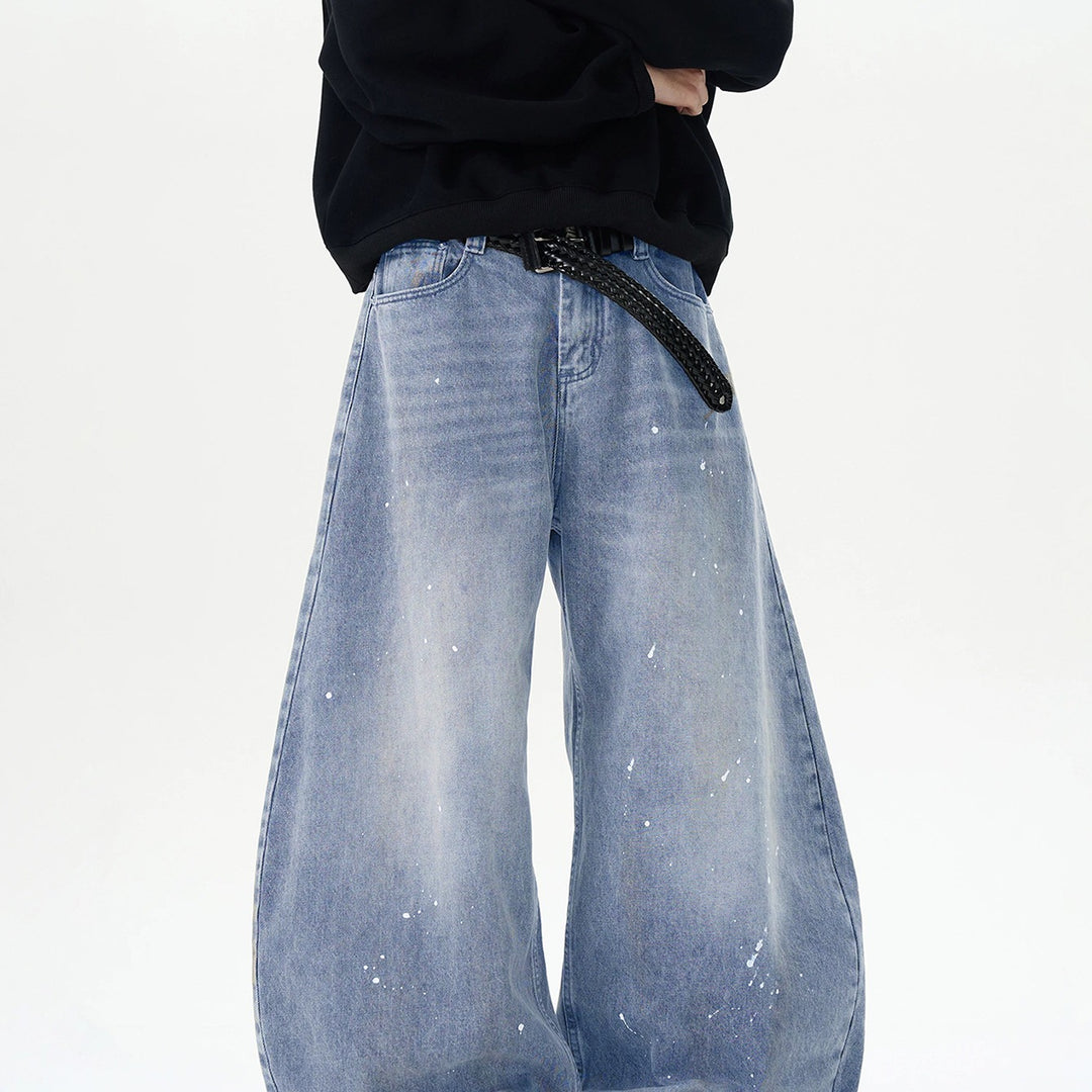 Herren Extraweite Paint‑Effekt Baggy‑Jeans mit tiefem Schritt und Used‑Wash Drune