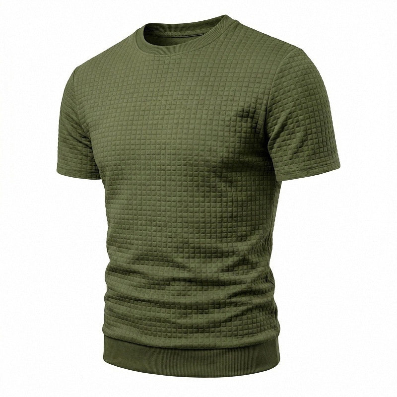 Herren nan kurzärmeliges Strickshirt mit geprägter Karostruktur, Rundhalsausschnitt und geripptem Saum Drune