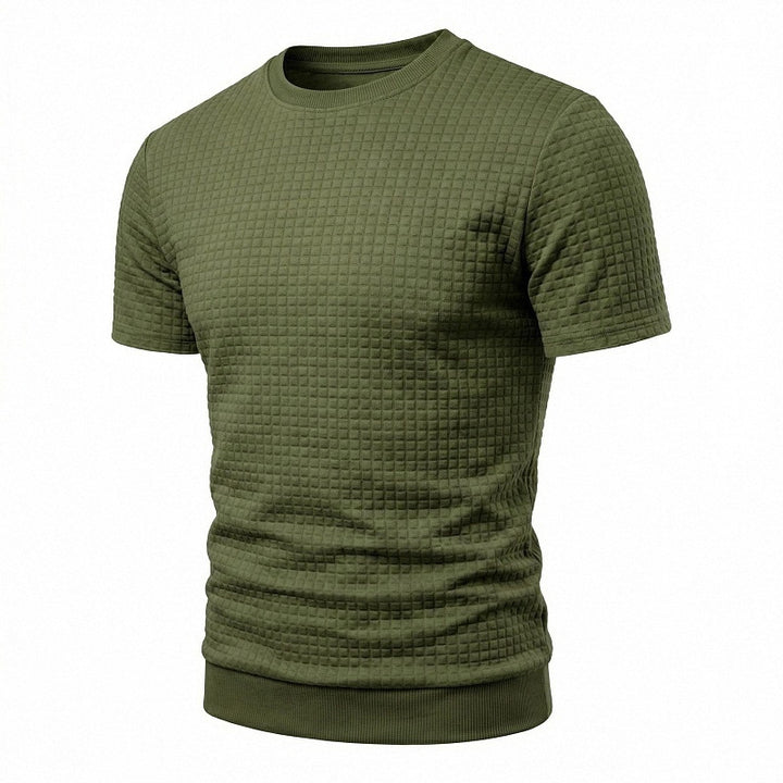 Herren nan kurzärmeliges Strickshirt mit geprägter Karostruktur, Rundhalsausschnitt und geripptem Saum Drune