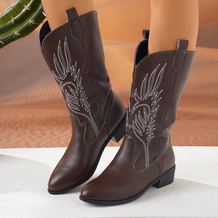 Damen Cowgirl-Kniehoher Stiefel mit dekorativer Stickerei, Pull‑Tabs und komfortablem Blockabsatz Drune