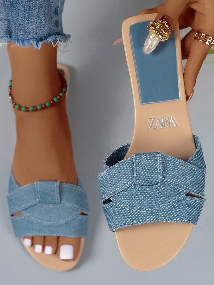 Damen Jeans-Optik Slide-Sandalen mit gekreuzten Stoffriemen und flacher Komfortsohle Drune