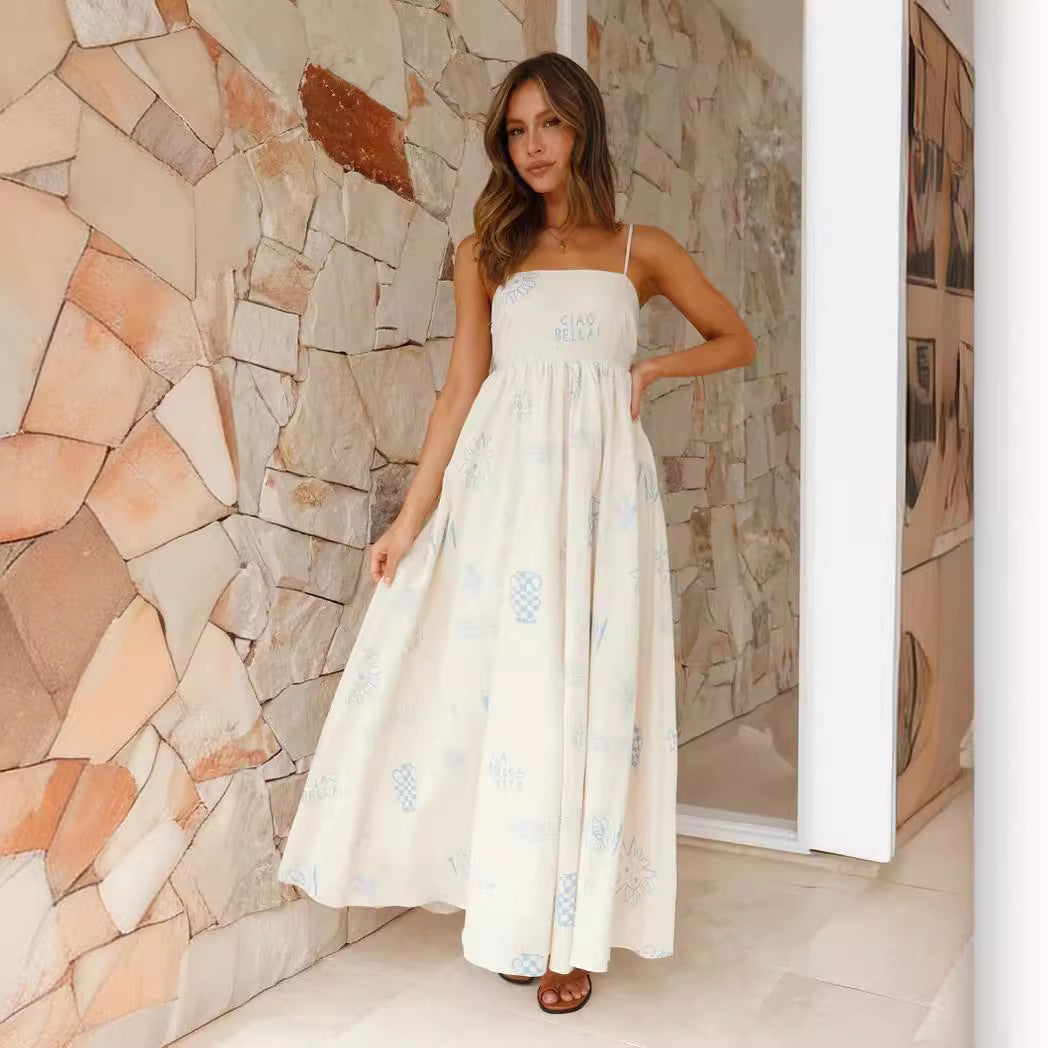 Damen Maxikleid mit gesmoktem Oberteil und verspieltem Grafikdesign Drune