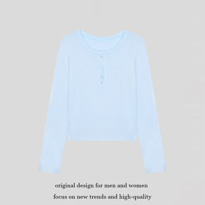 Damen Kurz geschnittenes Henley Langarmshirt aus Baumwolljersey mit Knopfleiste Drune