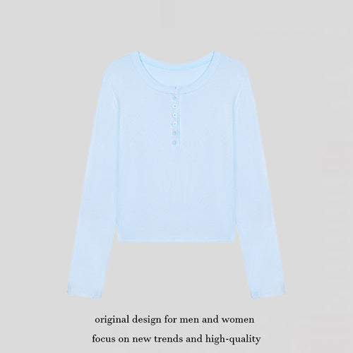 Damen Kurz geschnittenes Henley Langarmshirt aus Baumwolljersey mit Knopfleiste Drune