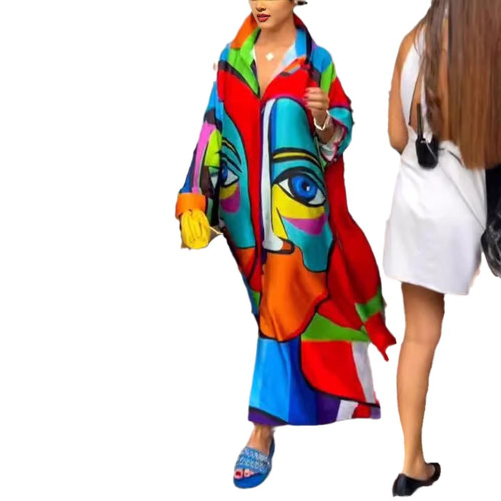Damen nan Oversize-Hemdkaftan mit abstraktem Portraitprint und Hemdkragen Drune