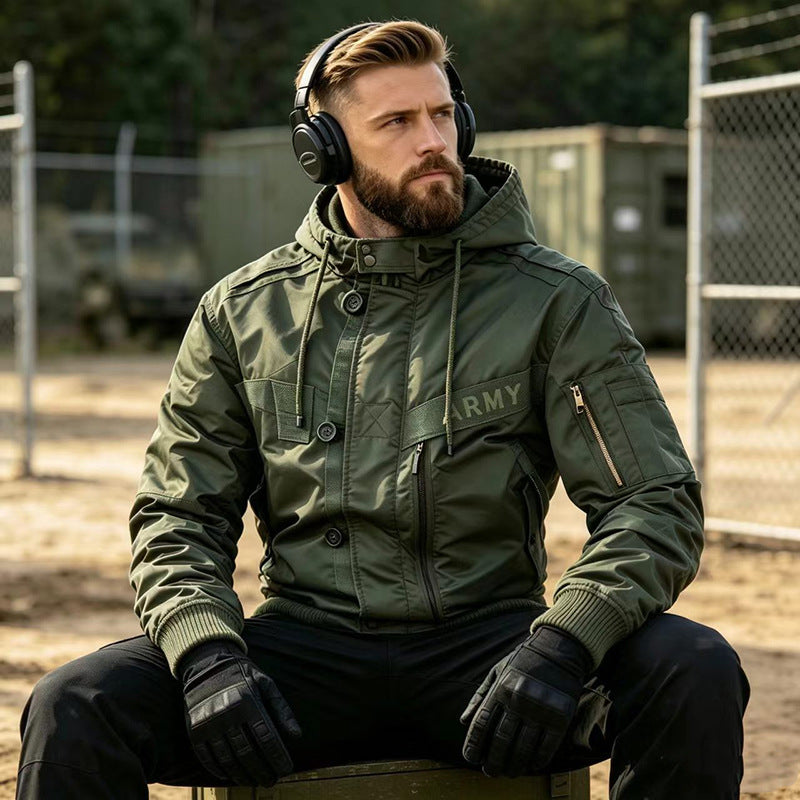 Herren Militärinspirierte Kapuzen-Bomberjacke mit Utility-Taschen Drune