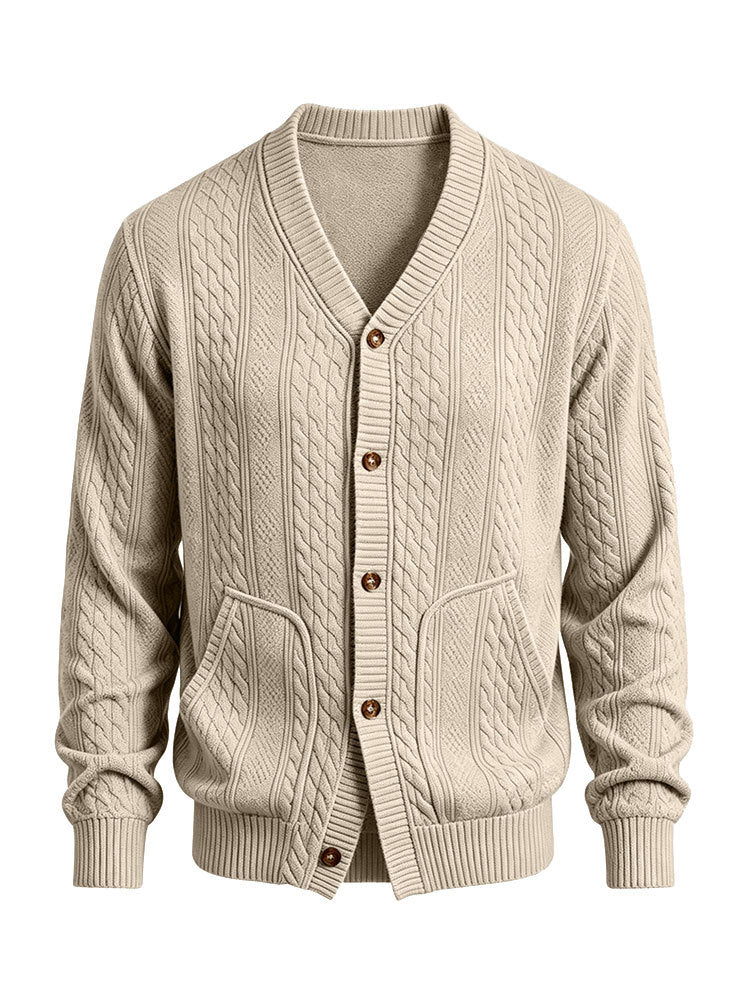Herren Gestrickte Strickjacke mit Zopfmuster, V‑Ausschnitt und aufgesetzten Taschen Drune
