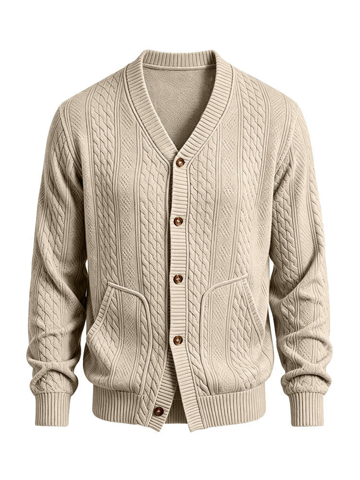 Herren Gestrickte Strickjacke mit Zopfmuster, V‑Ausschnitt und aufgesetzten Taschen Drune