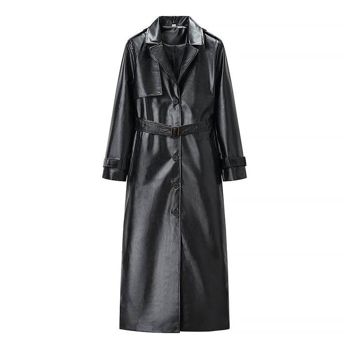 Damen nan langer veganer Trenchcoat aus Lederimitat mit Taillengürtel und Epauletten Drune