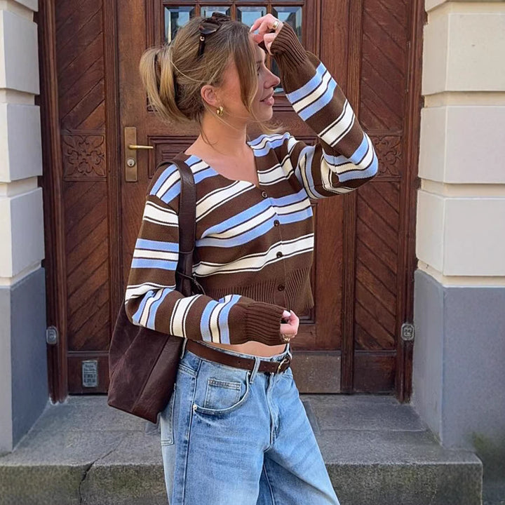 Damen Kurzgeschnittene gestreifte Strickjacke mit V-Ausschnitt und tailliertem Rippbund Drune