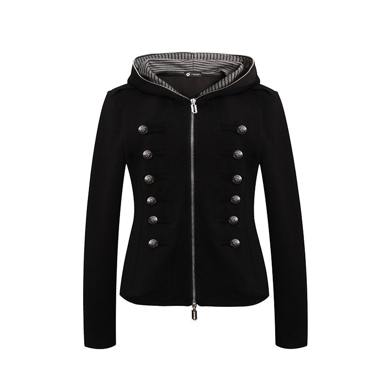 Damen taillierte Kapuzen‑Sweatjacke mit dekorischer Doppelreihe und Metallknöpfen Drune